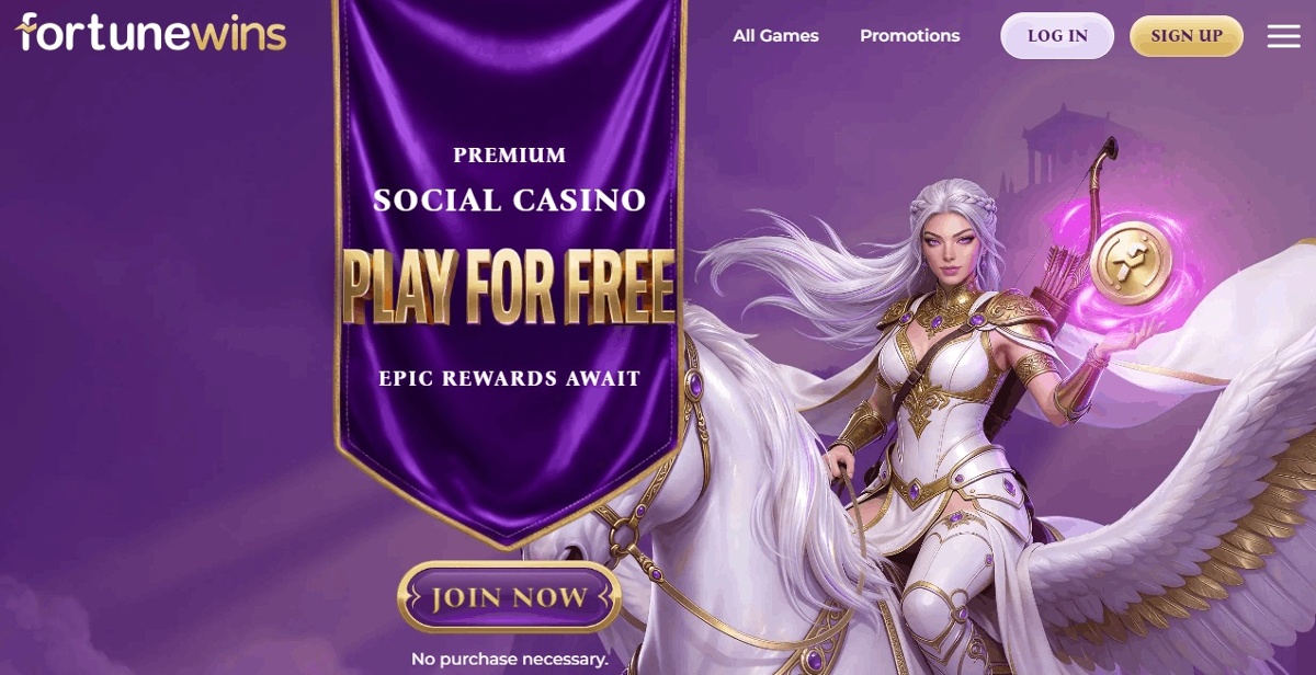 Fortune Wins homepage showing a purple Play for Free banner with a fantasy character, sign-up button, and no-purchase message.